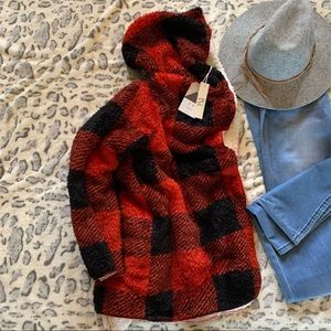 The Cheyenne Buffalo Plaid Sherpa Flannel Red Black Hooded Coat Cardigan